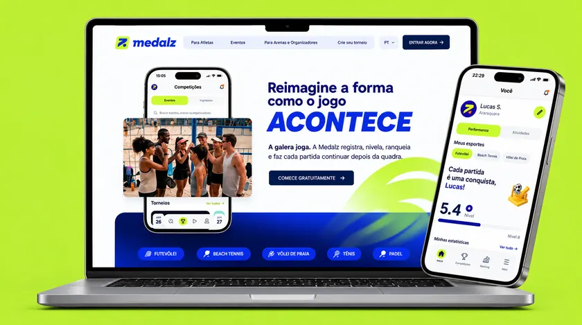 Site da Medalz em um notebook e aplicativo em um celular, com a chamada "Reimagine a forma como o jogo acontece" e atalhos para futevôlei, beach tennis, vôlei de praia, tênis e padel, sobre fundo verde-limão.
